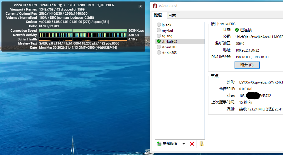 strongvpn Windows WireGuard 客户端连接马来西亚节点 观看YouTube(1440P@60) 流畅无卡顿